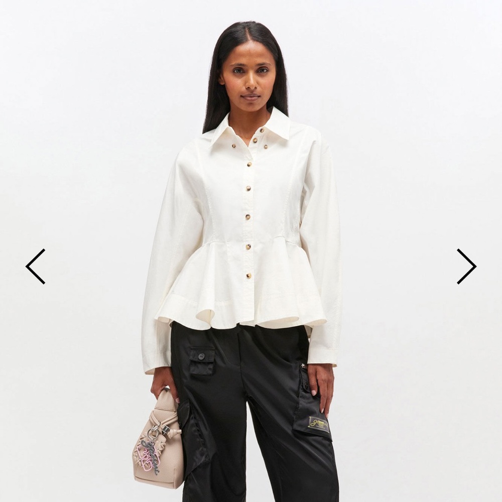 Ganni Egret Button-Up Peplum Blouse